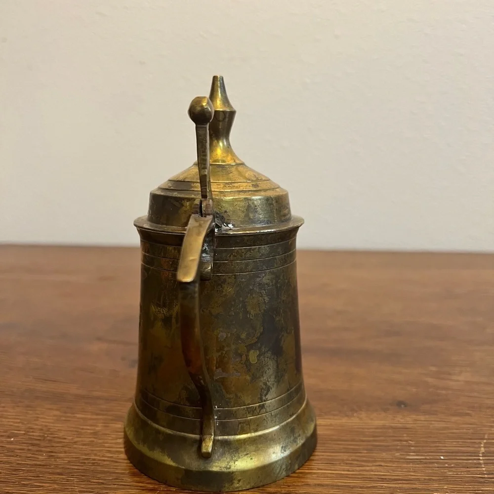 Vintage Brass Lidded Tankard Mug – Made in India – 8” Bar Décor / Collectible